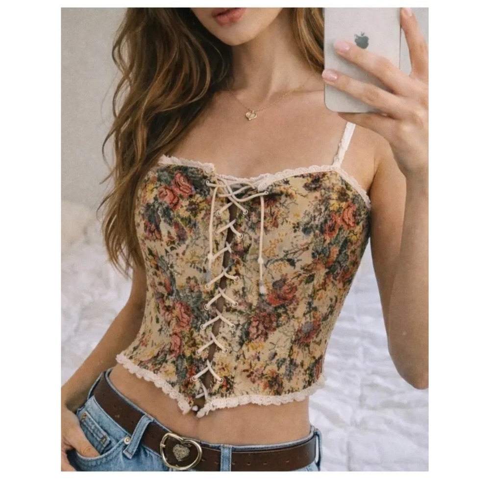 Finesse Floral Tapestry Lace-Up Corset Crop Top XS Fairy Cottagecore Romantic